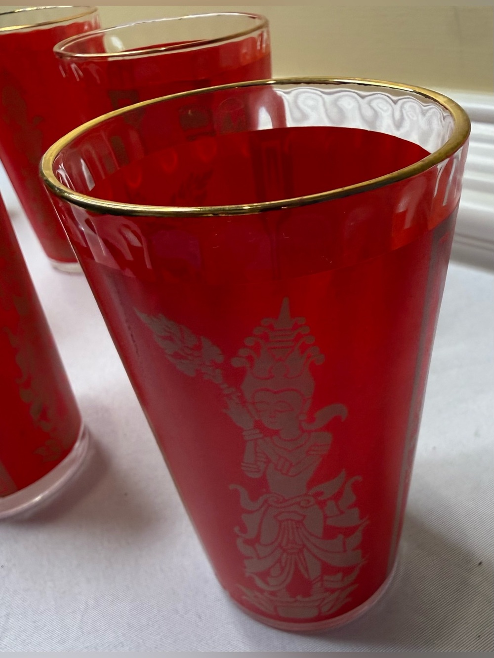 Set of 7 MCM Culver Queen of Siam Red & Gold Highball Glasses Stock the Bar